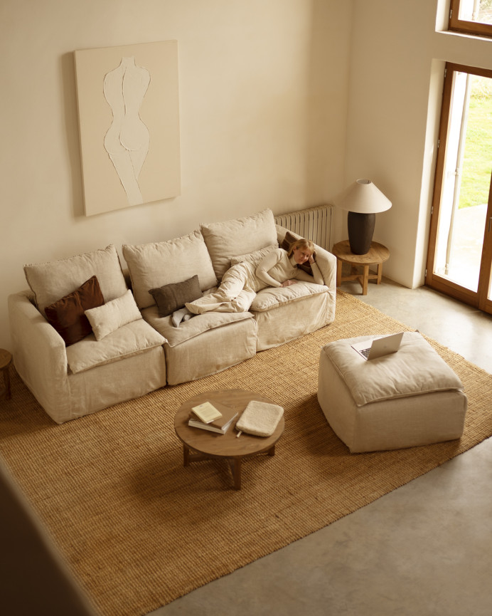 Funda de puf de algodón y lino desenfundable tono beige de 87x87cm