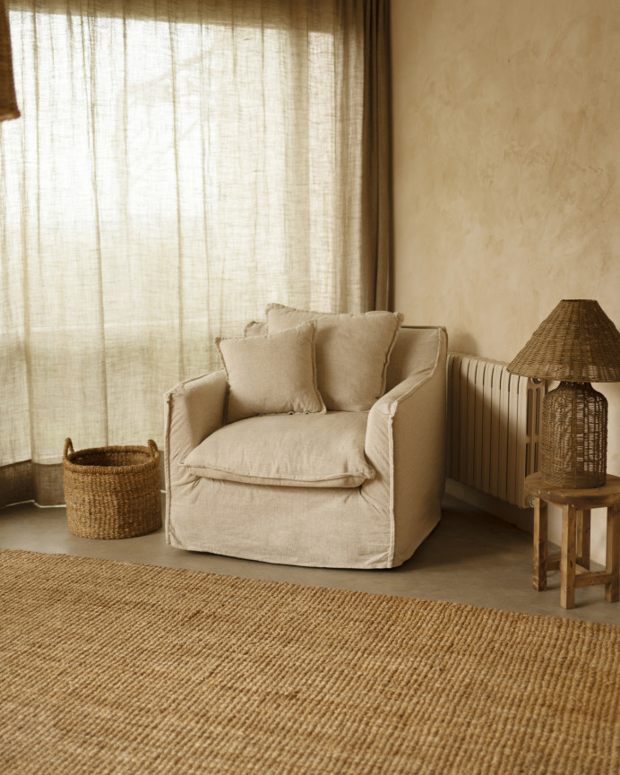 Sillón de algodón y lino desenfundable tono beige de 98x90cm