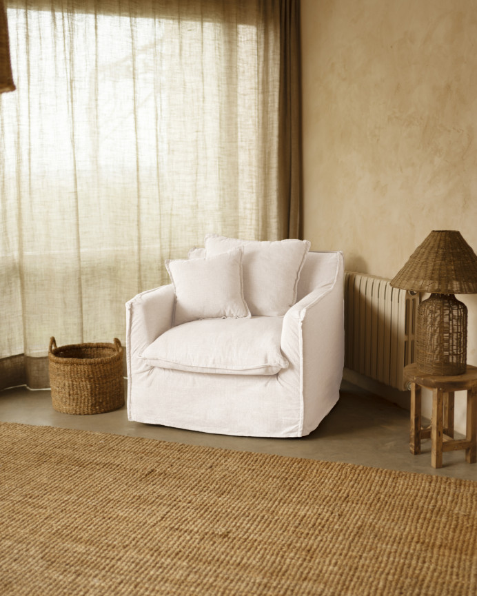 Sillón de algodón y lino desenfundable tono blanco de 98x90cm
