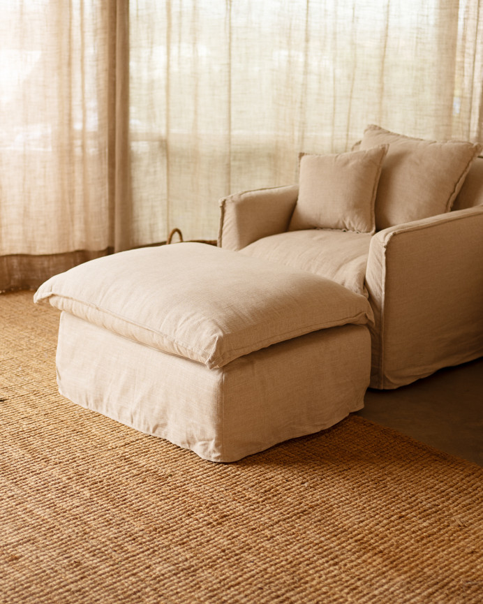 Puf de algodón y lino desenfundable tono beige de 90x72cm
