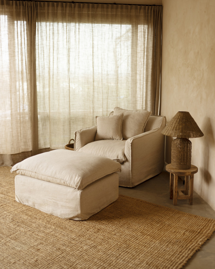 Puf de algodón y lino desenfundable tono beige de 90x72cm