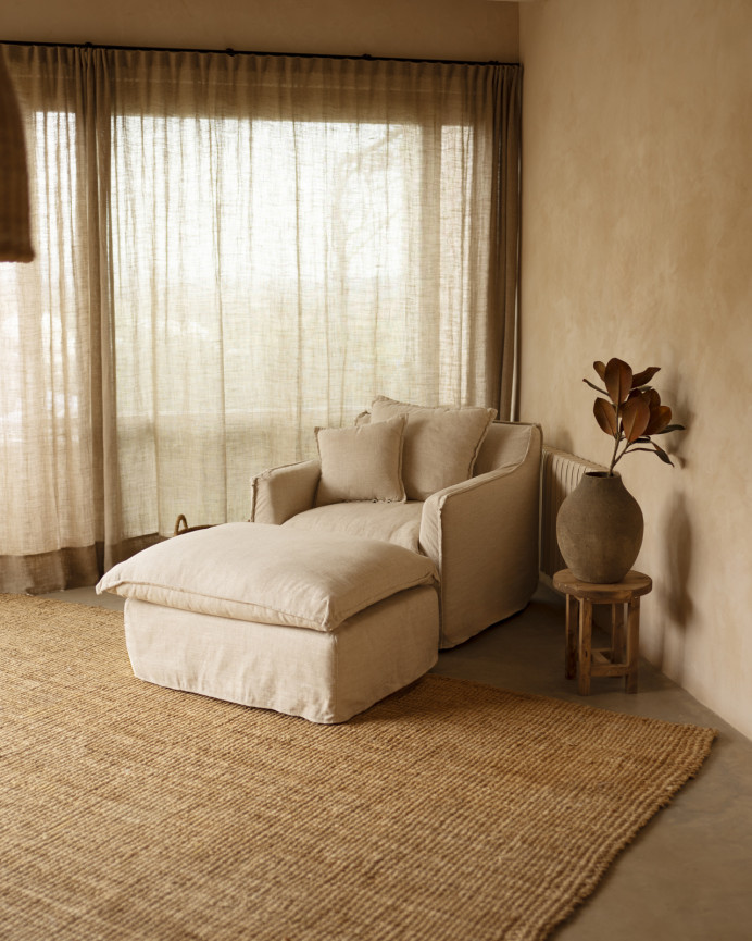 Puf de algodón y lino desenfundable tono beige de 90x72cm