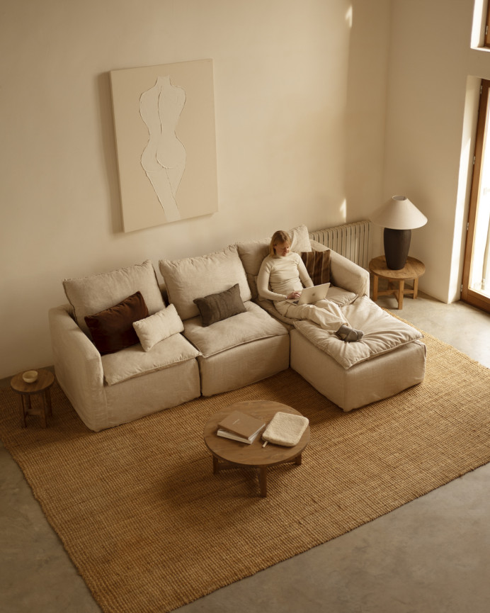 Puf de algodón y lino desenfundable tono beige de 89x87cm