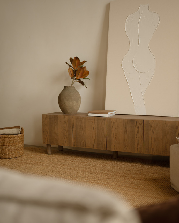 Mueble TV de chapa de madera de fresno natural en tono avellana en varias medidas