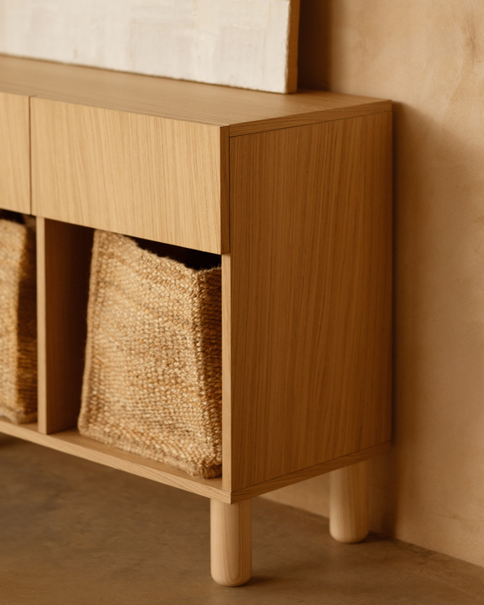 Aparador con 4 cajones de chapa de madera de roble natural de 176x40cm