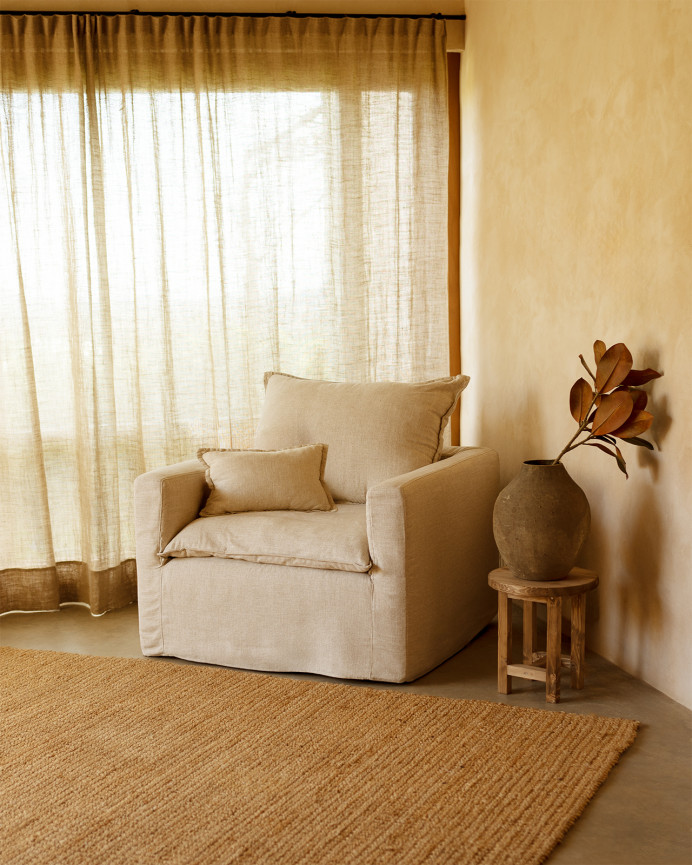 Sillón de algodón y lino desenfundable tono beige de 108x96cm