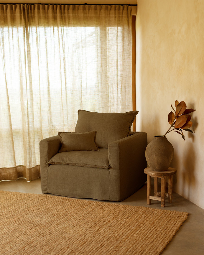Sillón de algodón y lino desenfundable tono verde de 108x96cm
