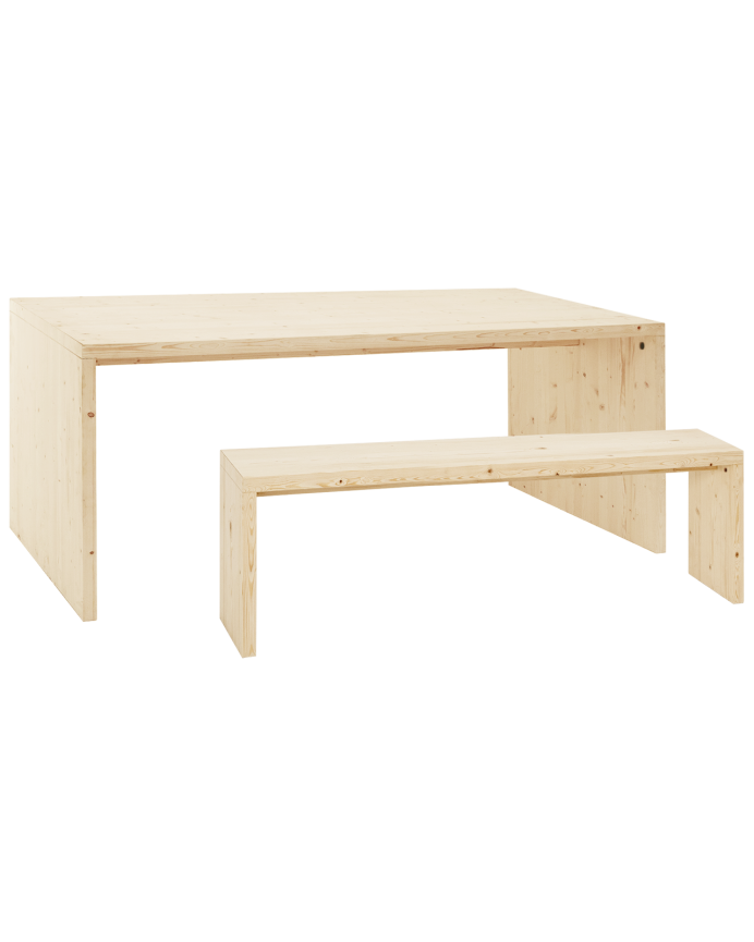 Pack mesa de comedor y banco de madera maciza en tono natural de varias medidas