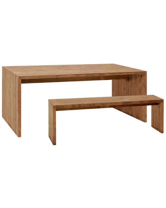 Pack mesa de comedor y banco de madera maciza en tono roble oscuro de varias medidas