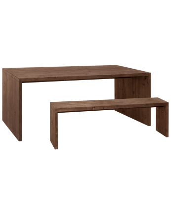 Pack mesa de comedor y banco de madera maciza en tono nogal de varias medidas