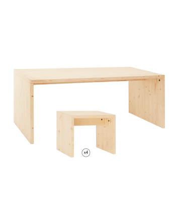 Pack mesa de comedor y 4 taburetes de madera maciza en tono natural de 120cm