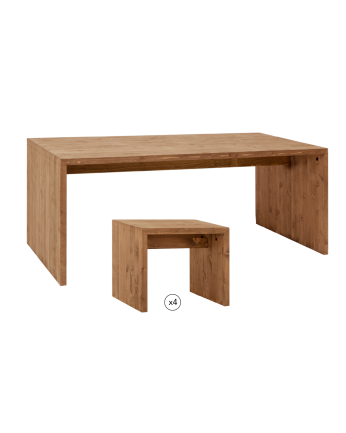 Pack mesa de comedor y 4 taburetes de madera maciza en tono roble oscuro de 120cm