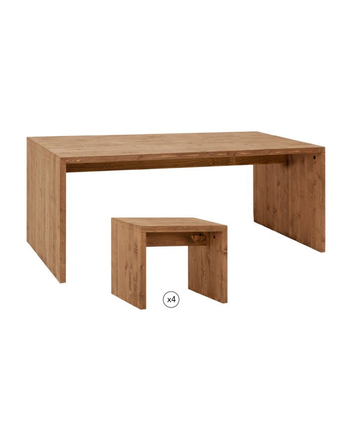 Pack mesa de comedor y 4 taburetes de madera maciza en tono roble oscuro de 120cm