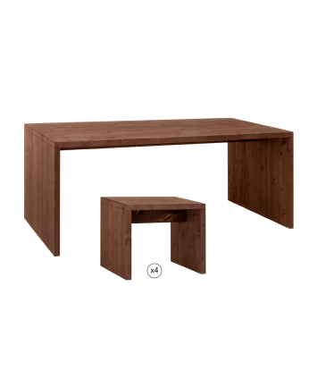 Pack mesa de comedor y 4 taburetes de madera maciza en tono nogal de 120cm