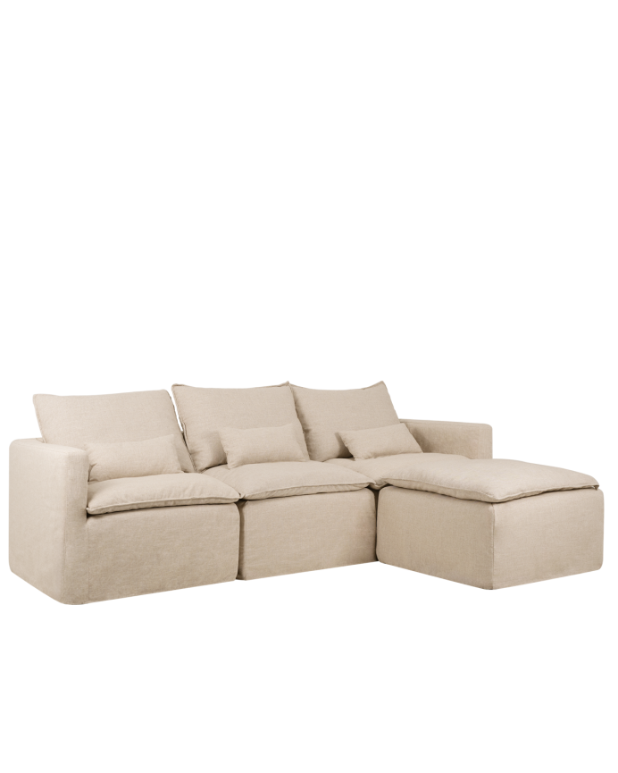 Sofá modular de 3 plazas con chaise longue derecho de algodón y lino desenfundable tono beige de 285x185cm