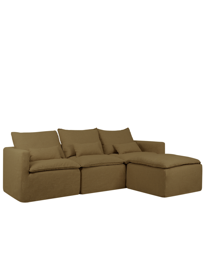 Sofá modular de 3 plazas con chaise longue derecho de algodón y lino desenfundable tono verde de 285x185cm