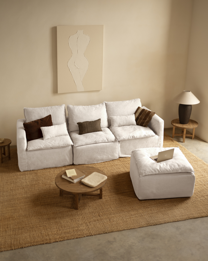 Funda de sofá modular de 3 plazas con chaise longue derecho de algodón y lino desenfundable tono blanco de 285x185cm
