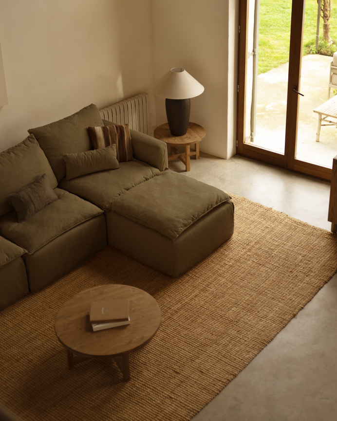 Funda de sofá modular de 3 plazas con chaise longue derecho de algodón y lino desenfundable tono verde de 285x185cm