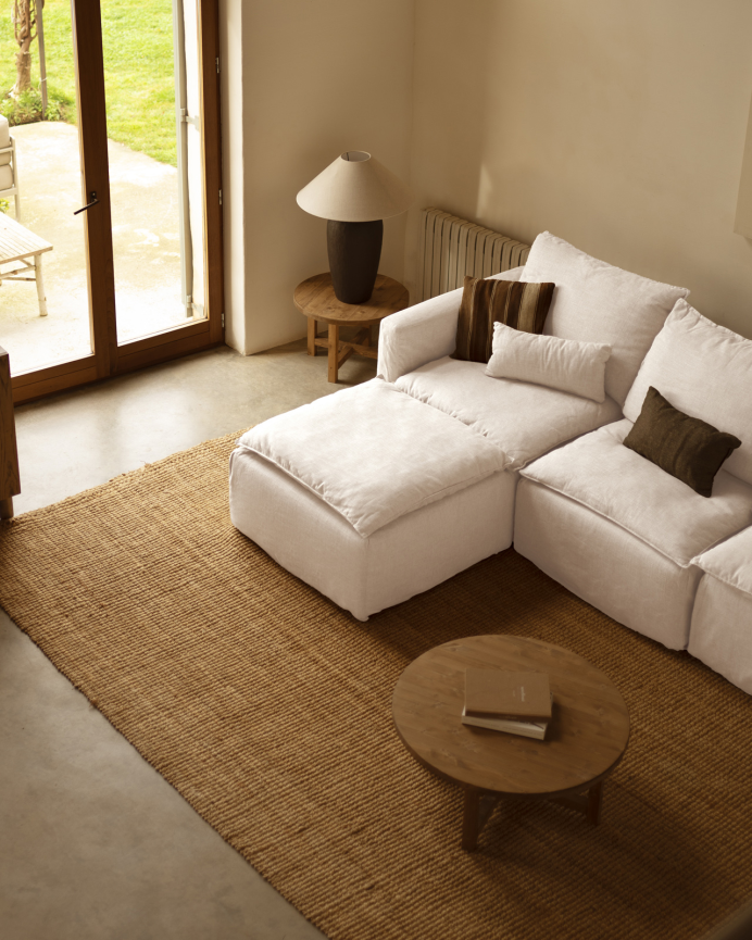 Funda de sofá modular de 3 plazas con chaise longue izquierdo de algodón y lino desenfundable tono blanco de 285x185cm