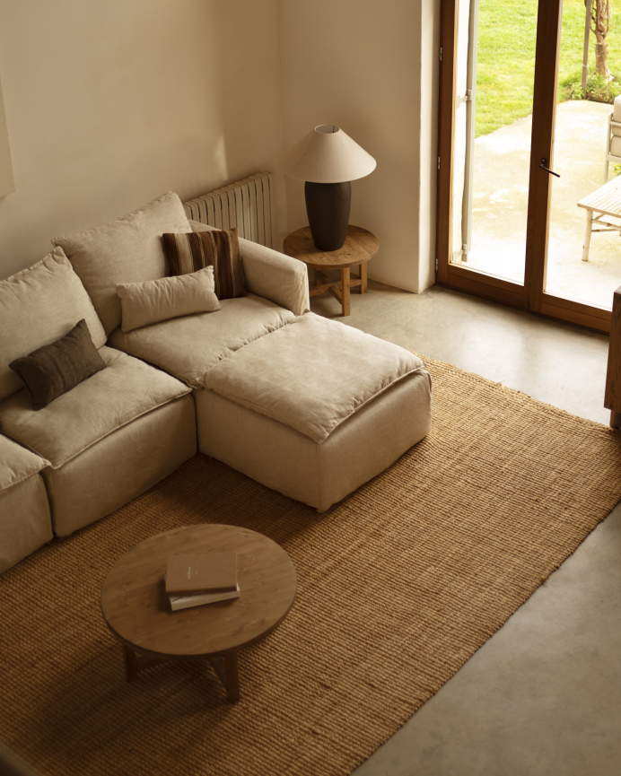 Sofá modular de 3 plazas con chaise longue derecho de algodón y lino desenfundable tono beige de 285x185cm