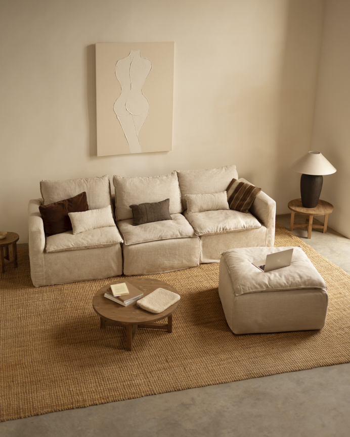 Sofá modular recto de algodón y lino desenfundable tono beige de 285x96cm