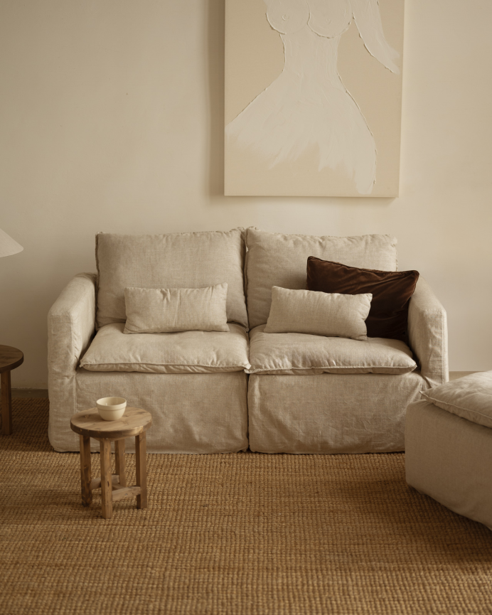 Sofá modular recto de algodón y lino desenfundable tono beige de 196x96cm