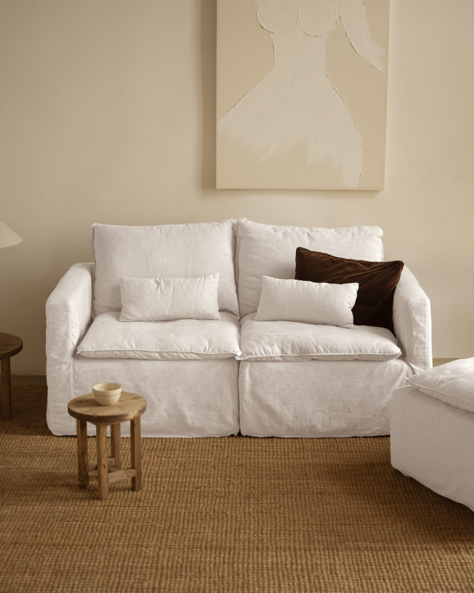 Sofá modular recto de algodón y lino desenfundable tono blanco de 196x96cm
