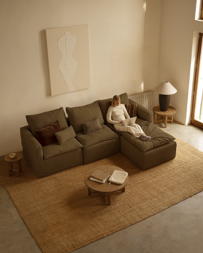 Funda de sofá modular de 3 plazas con chaise longue derecho de algodón y lino desenfundable tono verde de 285x185cm