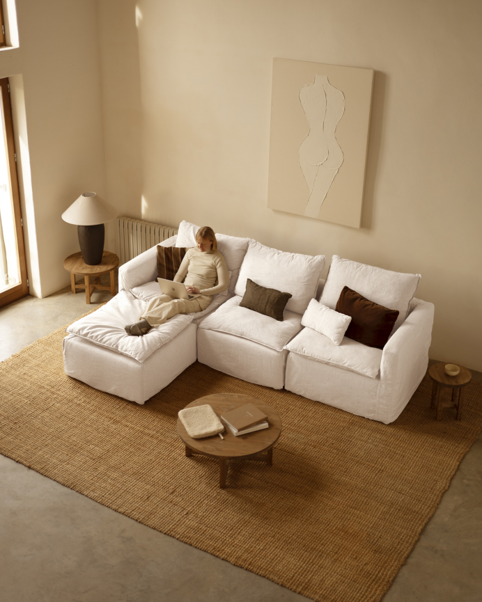 Funda de sofá modular de 3 plazas con chaise longue izquierdo de algodón y lino desenfundable tono blanco de 285x185cm