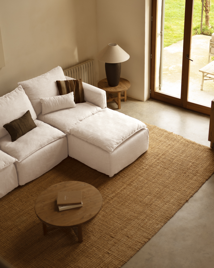 Sofá modular de 3 plazas con chaise longue derecho de algodón y lino desenfundable tono blanco de 285x185cm