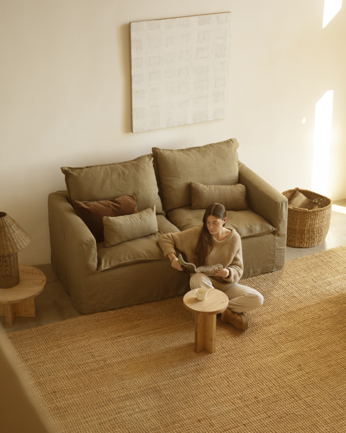Sofá modular recto de algodón y lino desenfundable tono verde de 196x96cm