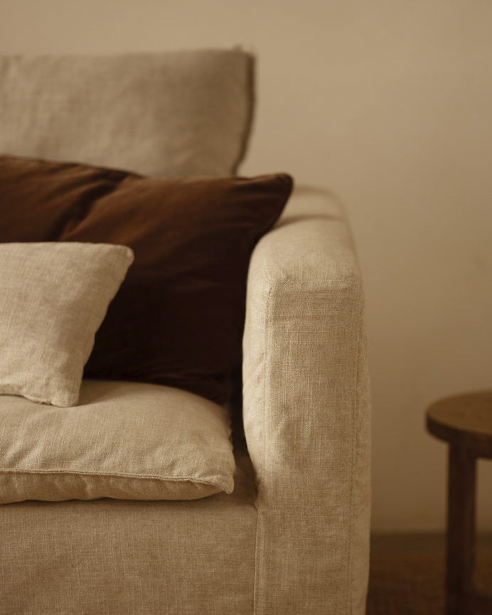 Funda de sofá modular de 3 plazas con chaise longue izquierdo de algodón y lino desenfundable tono beige de 285x185cm