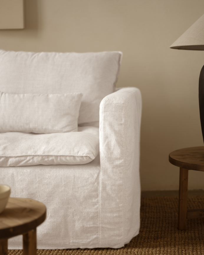 Funda de sofá modular de 3 plazas con chaise longue izquierdo de algodón y lino desenfundable tono blanco de 285x185cm