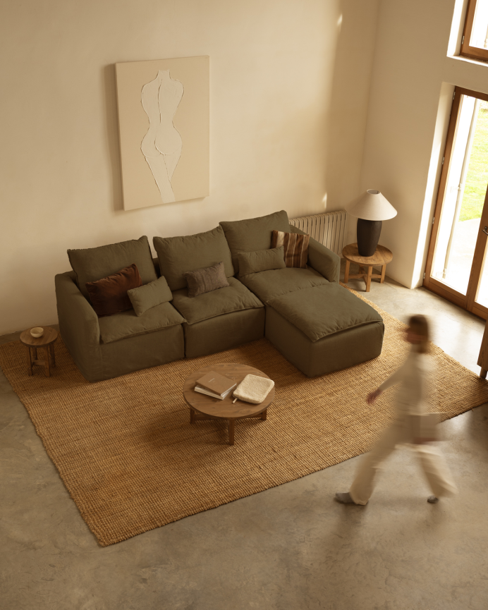 Sofá modular de 3 plazas con chaise longue derecho de algodón y lino desenfundable tono verde de 285x185cm
