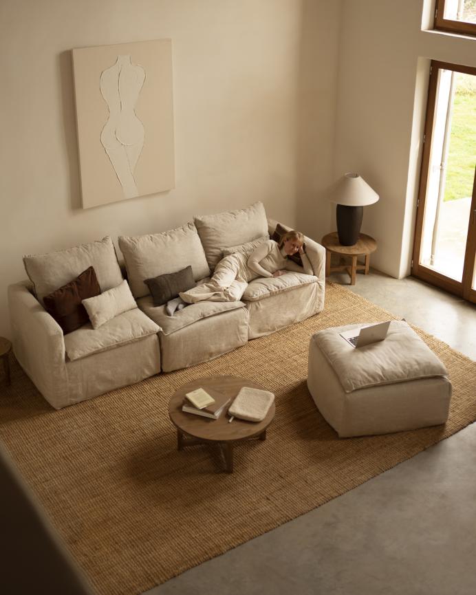 Sofá modular recto de algodón y lino desenfundable tono beige de 285x96cm