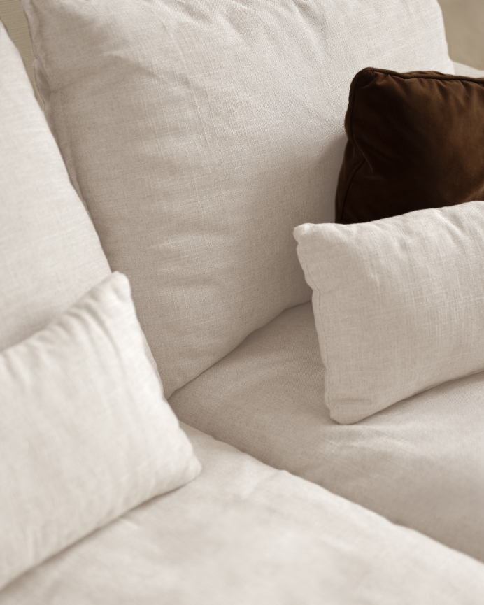 Funda de sofá modular de 3 plazas con chaise longue derecho de algodón y lino desenfundable tono blanco de 285x185cm