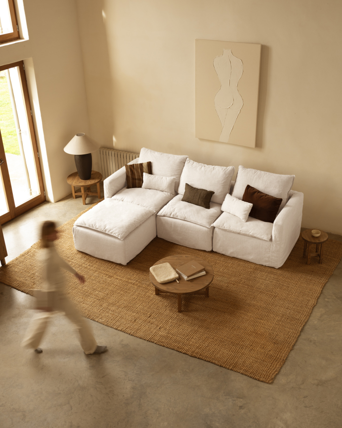Funda de sofá modular de 3 plazas con chaise longue izquierdo de algodón y lino desenfundable tono blanco de 285x185cm