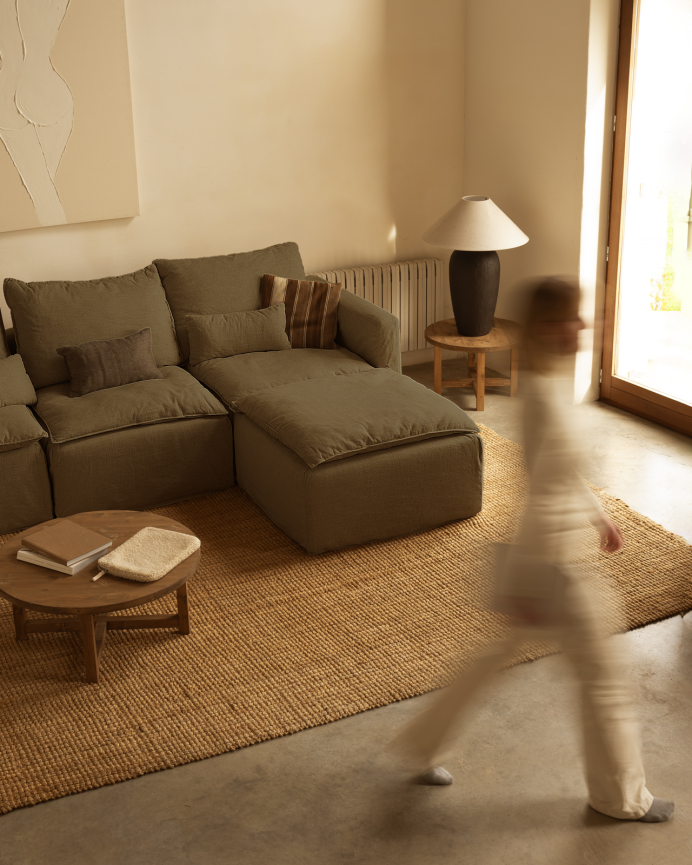 Sofá modular de 3 plazas con chaise longue derecho de algodón y lino desenfundable tono verde de 285x185cm