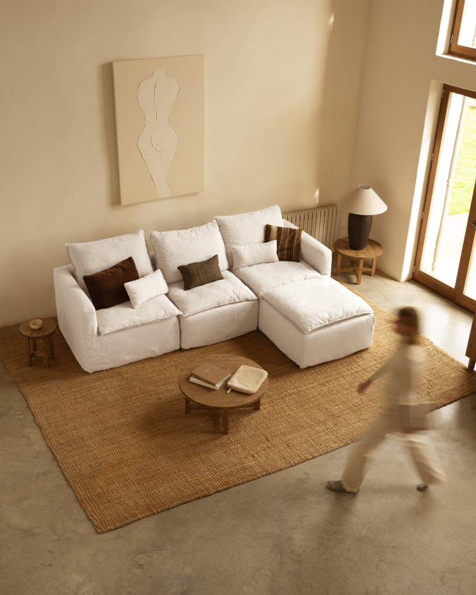 Funda de sofá modular de 3 plazas con chaise longue derecho de algodón y lino desenfundable tono blanco de 285x185cm