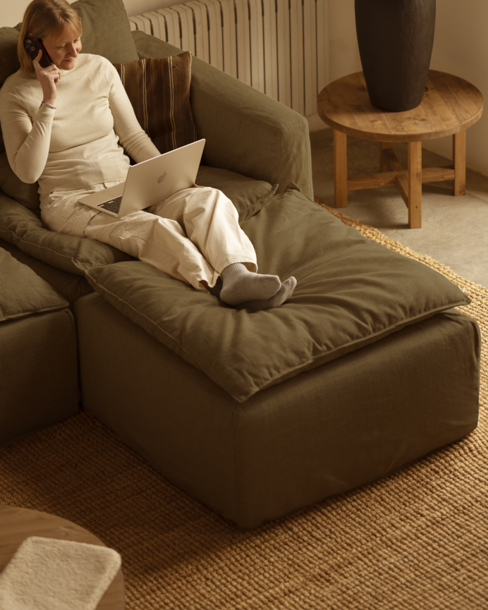 Funda de sofá modular de 3 plazas con chaise longue derecho de algodón y lino desenfundable tono verde de 285x185cm