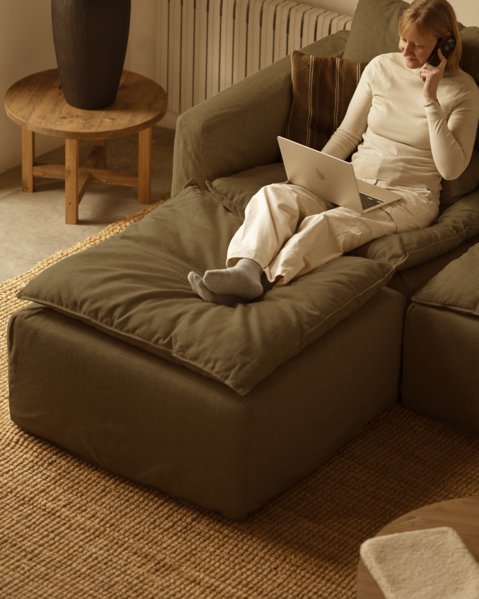 Funda de sofá modular de 3 plazas con chaise longue izquierdo de algodón y lino desenfundable tono verde de 285x185cm