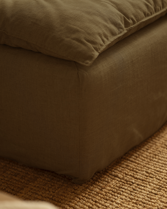 Funda de sofá modular de 3 plazas con chaise longue derecho de algodón y lino desenfundable tono verde de 285x185cm