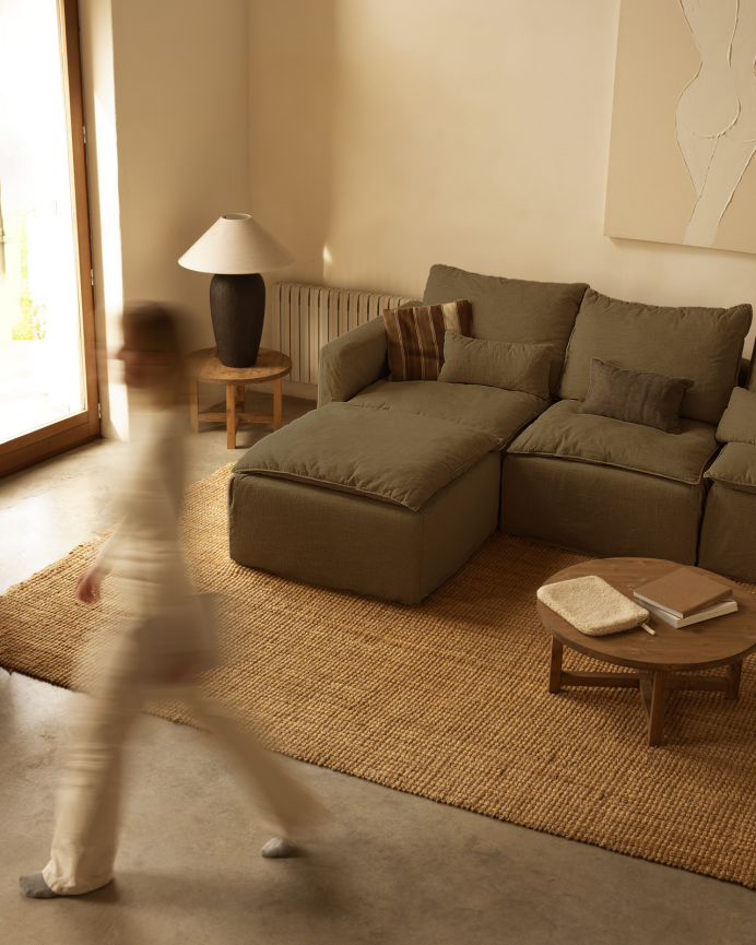 Funda de sofá modular de 3 plazas con chaise longue izquierdo de algodón y lino desenfundable tono verde de 285x185cm