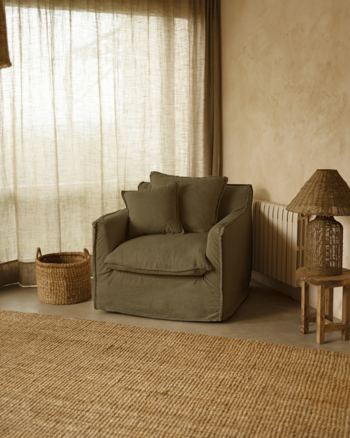 Sillón de algodón y lino desenfundable tono verde de 98x90cm