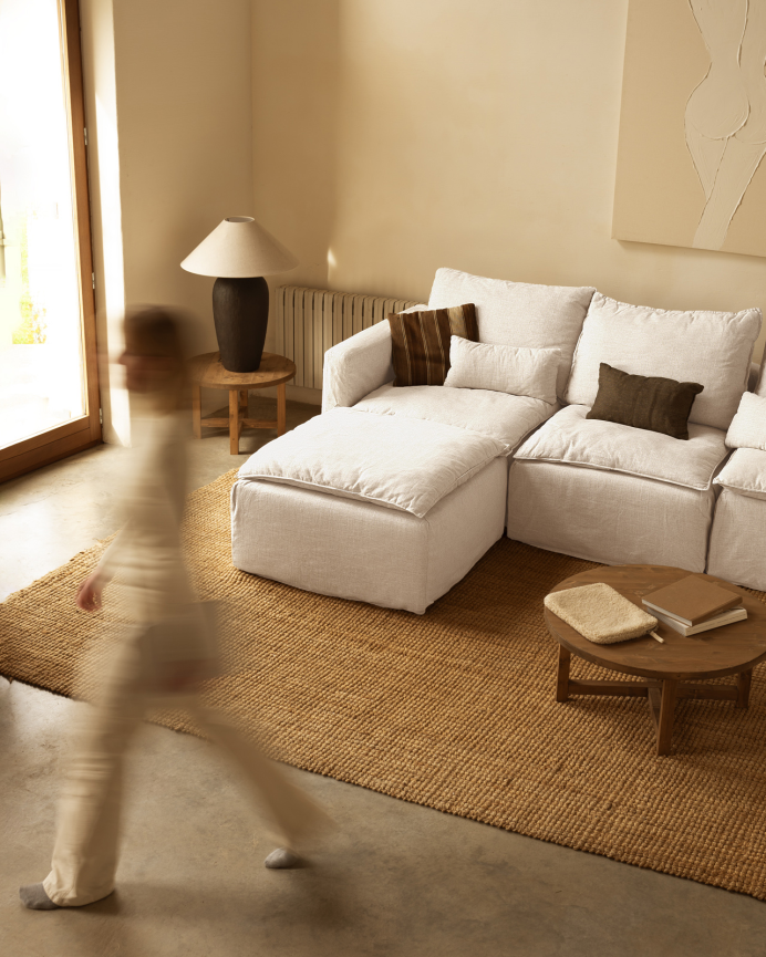 Funda de sofá modular de 3 plazas con chaise longue izquierdo de algodón y lino desenfundable tono blanco de 285x185cm
