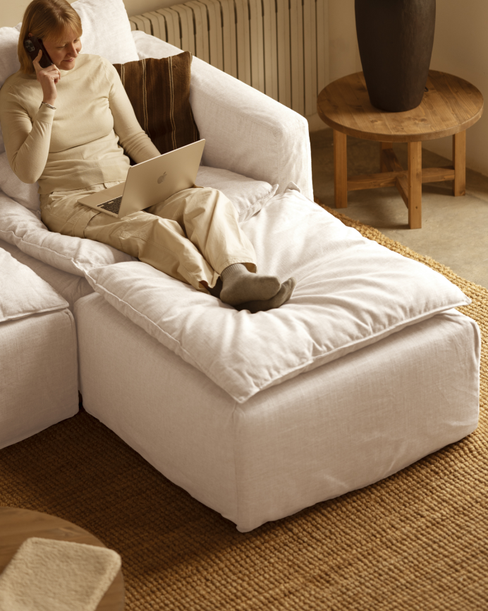 Funda de sofá modular de 3 plazas con chaise longue derecho de algodón y lino desenfundable tono blanco de 285x185cm