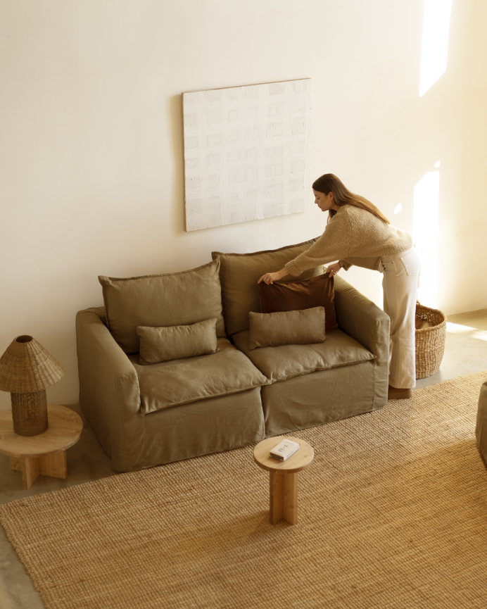 Sofá modular recto de algodón y lino desenfundable tono verde de 196x96cm