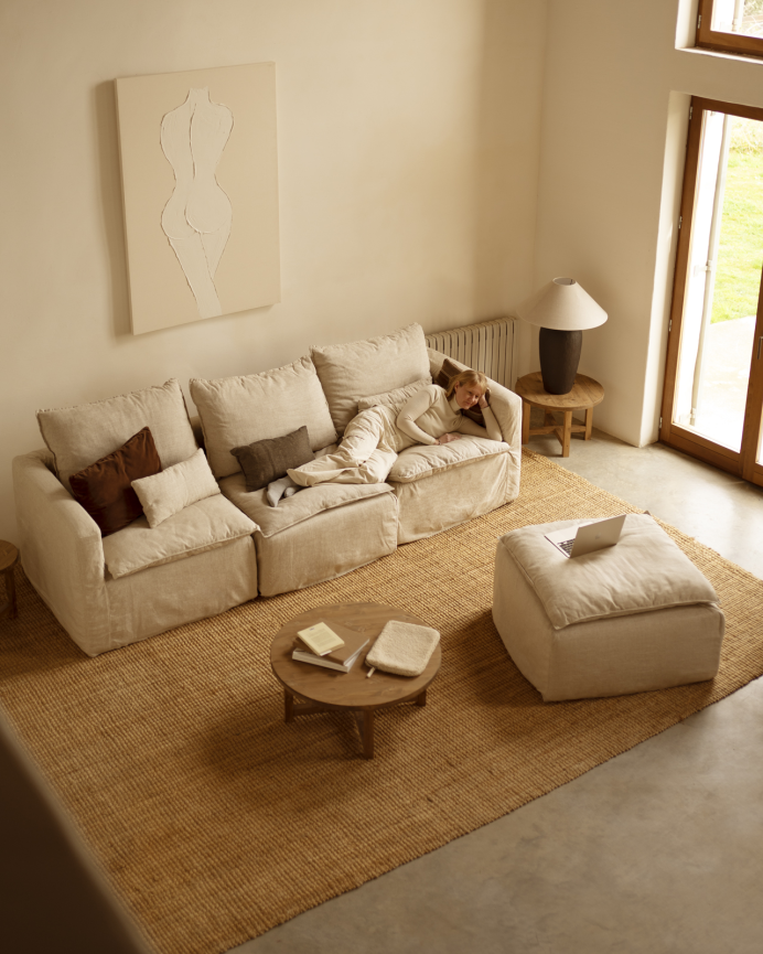 Funda de sofá modular de 3 plazas con chaise longue derecho de algodón y lino desenfundable tono beige de 285x185cm