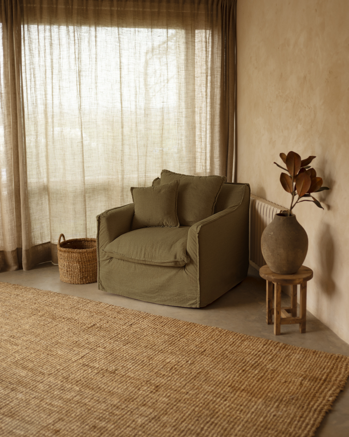 Sillón de algodón y lino desenfundable tono verde de 98x90cm