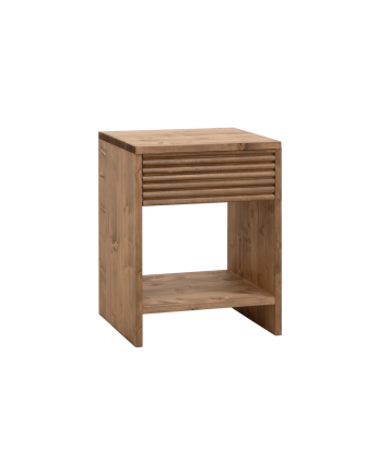 Mesita de noche de madera maciza con un cajón en tono roble oscuro de varias medidas